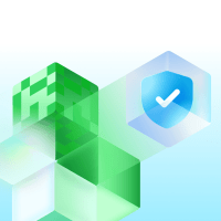 Decorative image featuring geometric blocks with a shield icon displaying a check mark to represent security.